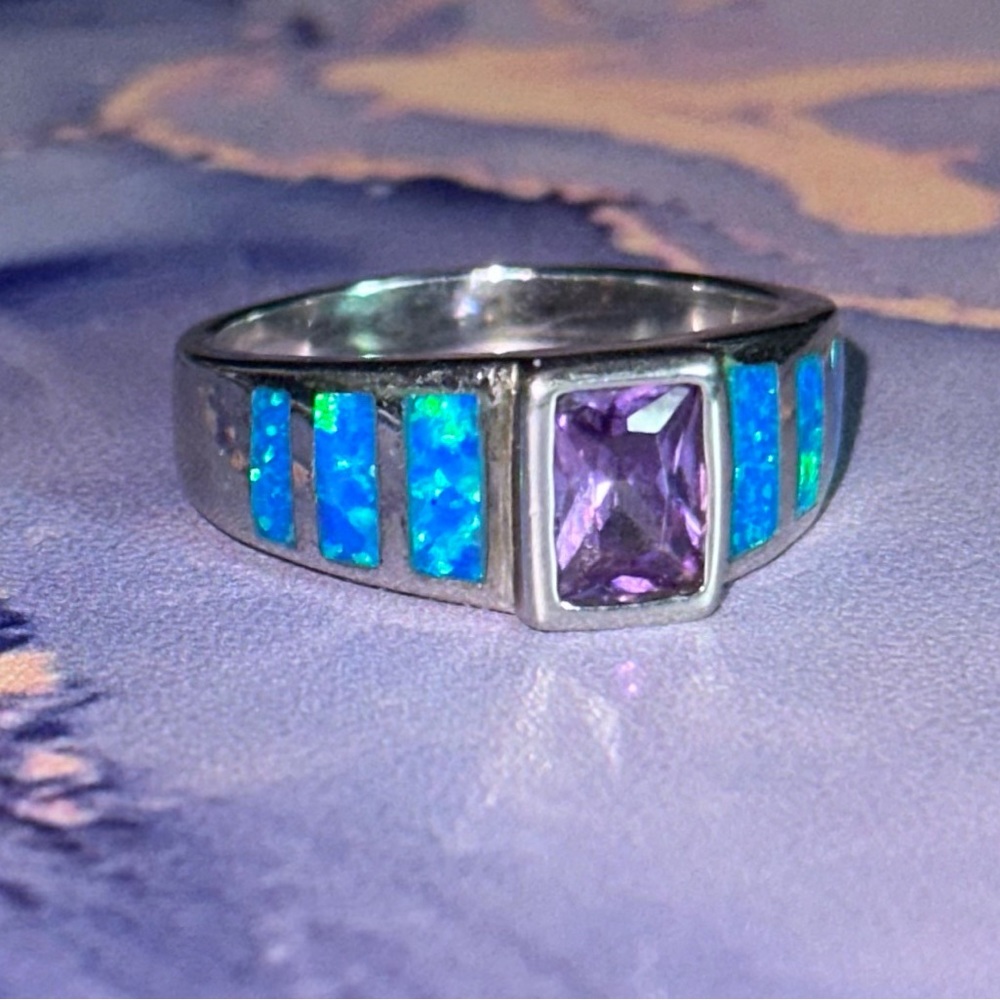 Silver 925 Ring fire opal w amethyst size 9